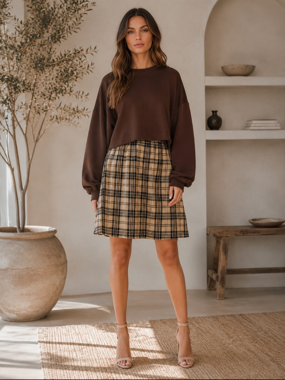 Plaid A-Line Mini Dress in Beige and Black - Picture 2 of 3